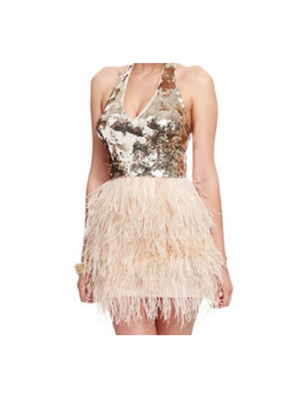 bebe Champagne Isis Sequin Halter Mini Dress with Feather Skirt XS